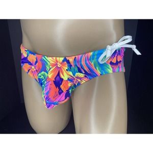 Tropical Hibiscus Print Pouch Bikini Swim Brief - Size Medium